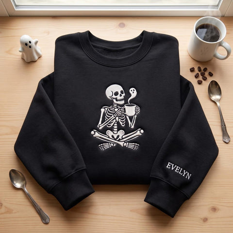Personalized Halloween Skeleton Drinking Coffee Ghost Steam embroidered sweatshirt — front view