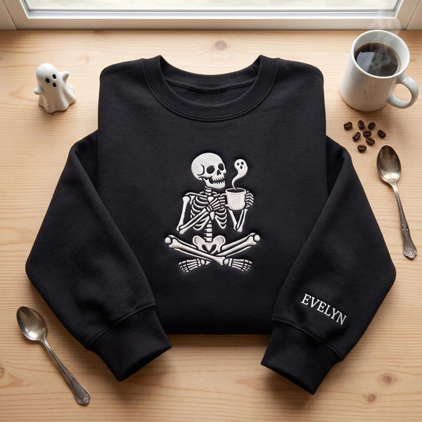 Personalized Halloween Skeleton Drinking Coffee Ghost Steam embroidered sweatshirt — front view