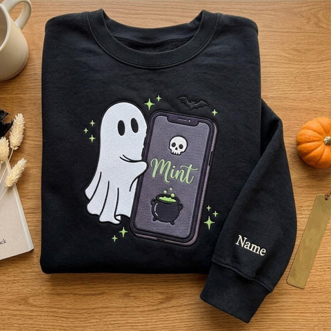 Personalized Halloween Ghost Spooky Phone Cauldron Skull Bat embroidered sweatshirt — front view