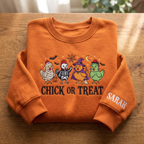Personalized Chick or Treat Halloween Chickens Mummy Skeleton Witch Frankenstein embroidered sweatshirt — front view