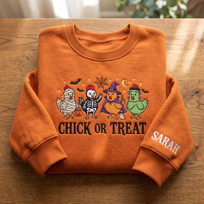 Personalized Chick or Treat Halloween Chickens Mummy Skeleton Witch Frankenstein Embroidered Sweatshirt