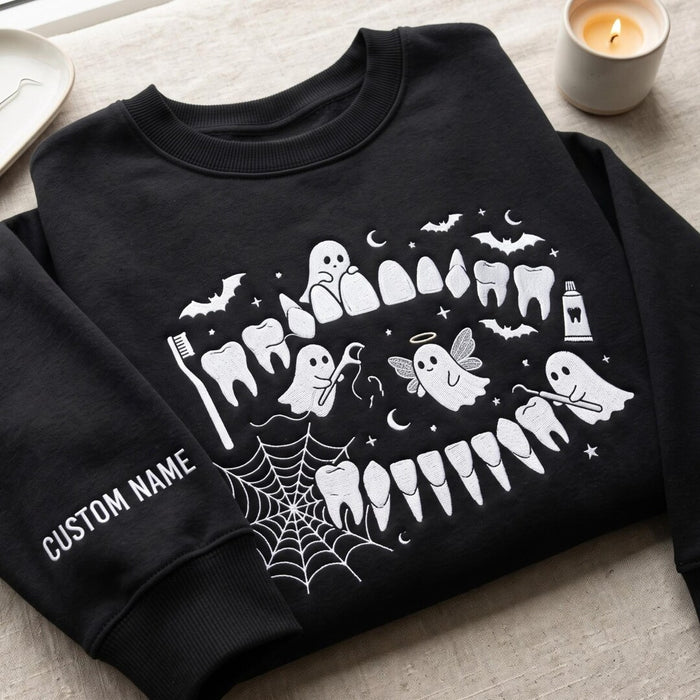 Personalized Halloween Spooky Ghost Tooth Dental Hygienist Spider Web Embroidered Sweatshirt