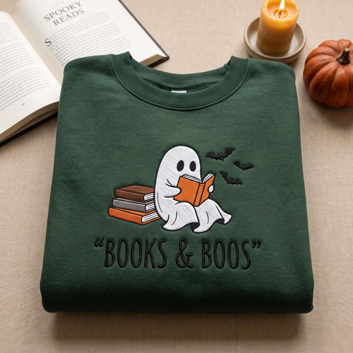 Ghost Reading Books Bats Books & Boos Halloween Custom Name Embroidered Sweatshirt