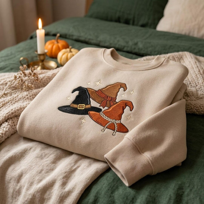 Halloween Three Witch Hats Stars Spooky Season Embroidered Sweatshirt