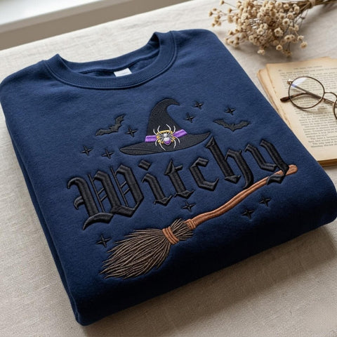 Witchy Halloween Witch Hat Broom Spider Bats Stars Gothic embroidered hoodie — front view