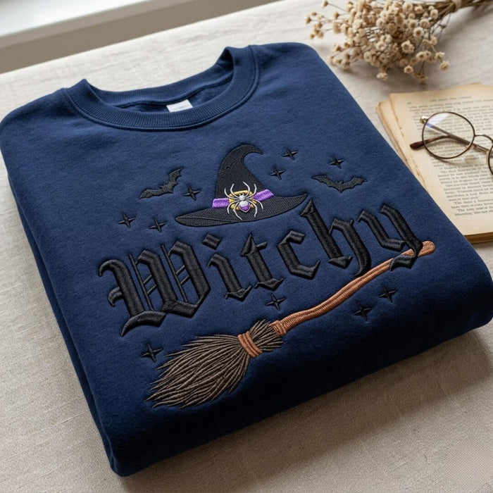 Witchy Halloween Witch Hat Broom Spider Bats Stars Gothic Embroidered Sweatshirt