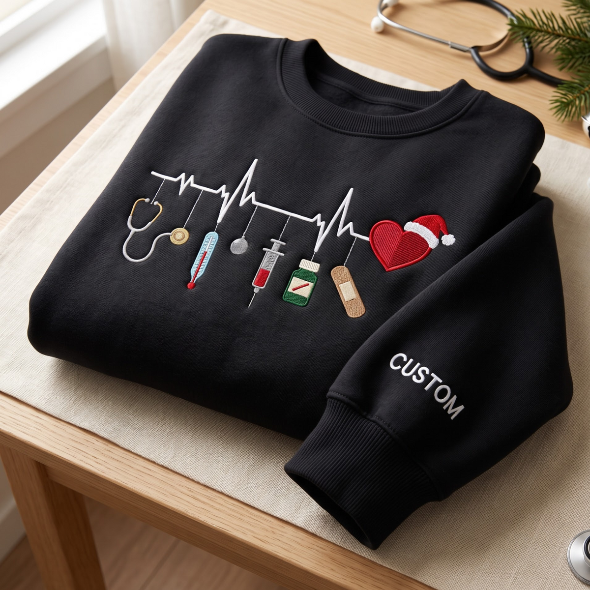 Personalized Christmas Nurse Heartbeat Ekg Medical Tools Santa Hat embroidered sweatshirt — front view