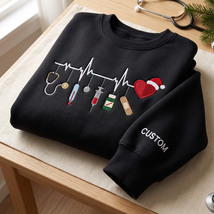 Personalized Christmas Nurse Heartbeat Ekg Medical Tools Santa Hat Embroidered Sweatshirt