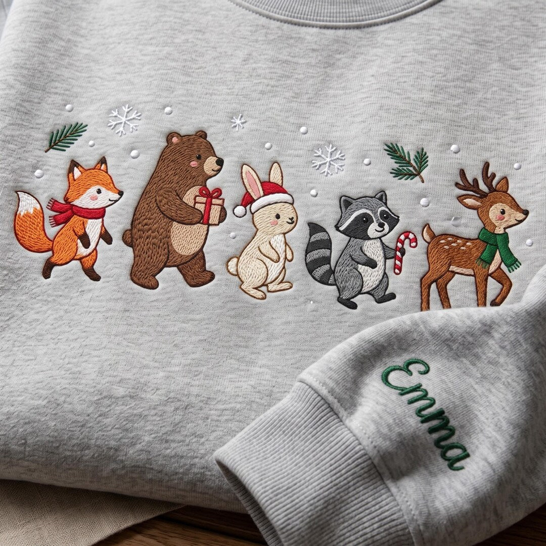 Personalized Christmas Woodland Animals Fox Bear Bunny Raccoon Deer Custom Name Sleeve embroidered sweatshirt — front view