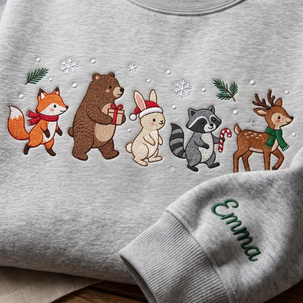 Personalized Christmas Woodland Animals Fox Bear Bunny Raccoon Deer Custom Name Sleeve embroidered sweatshirt — front view