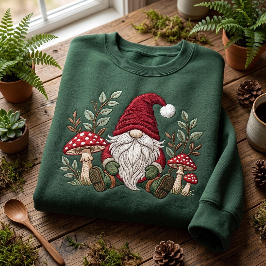 Personalized Christmas Gnome Mushroom Woodland Botanical embroidered sweatshirt — front view
