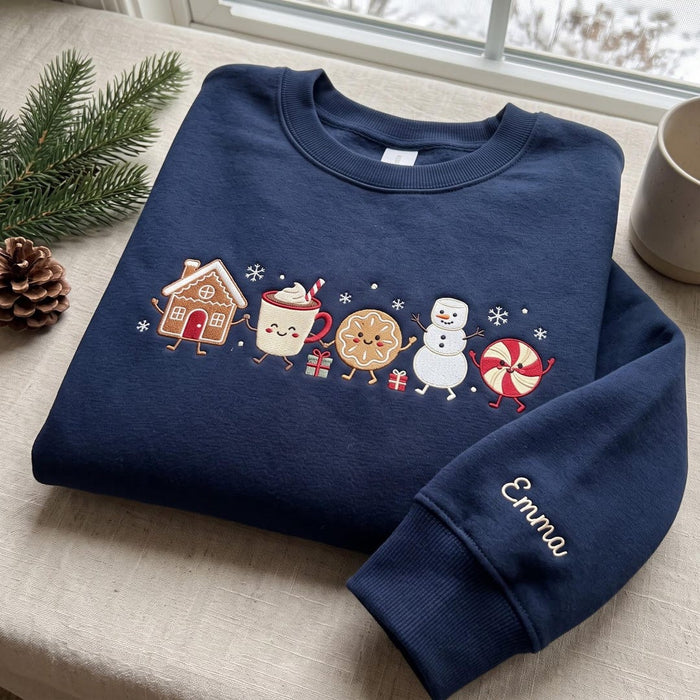 Personalized Christmas Gingerbread House Hot Cocoa Cookie Snowman Candy Cane Characters Embroidered Sweatshirt