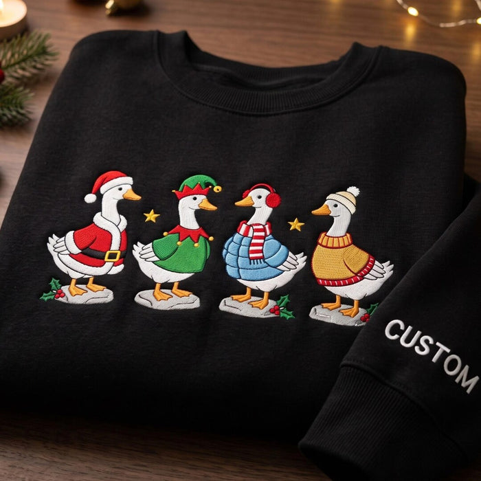 Personalized Christmas Four Geese Santa Elf Earmuffs Cozy Holiday Custom Name Embroidered Sweatshirt
