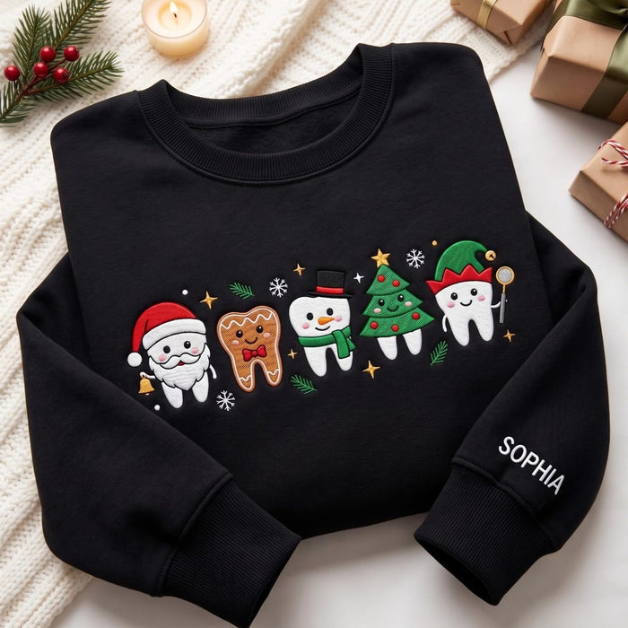 Personalized Christmas Dental Tooth Santa Elf Snowman Gingerbread Custom Name Embroidered Sweatshirt