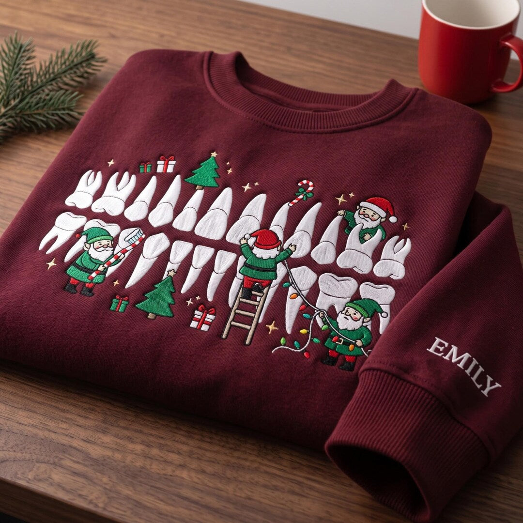 Personalized Christmas Dentist Tooth Elves Candy Cane Lights embroidered sweatshirt — front view