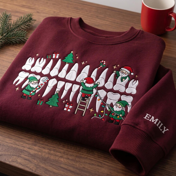 Personalized Christmas Dentist Tooth Elves Candy Cane Lights embroidered sweatshirt — front view