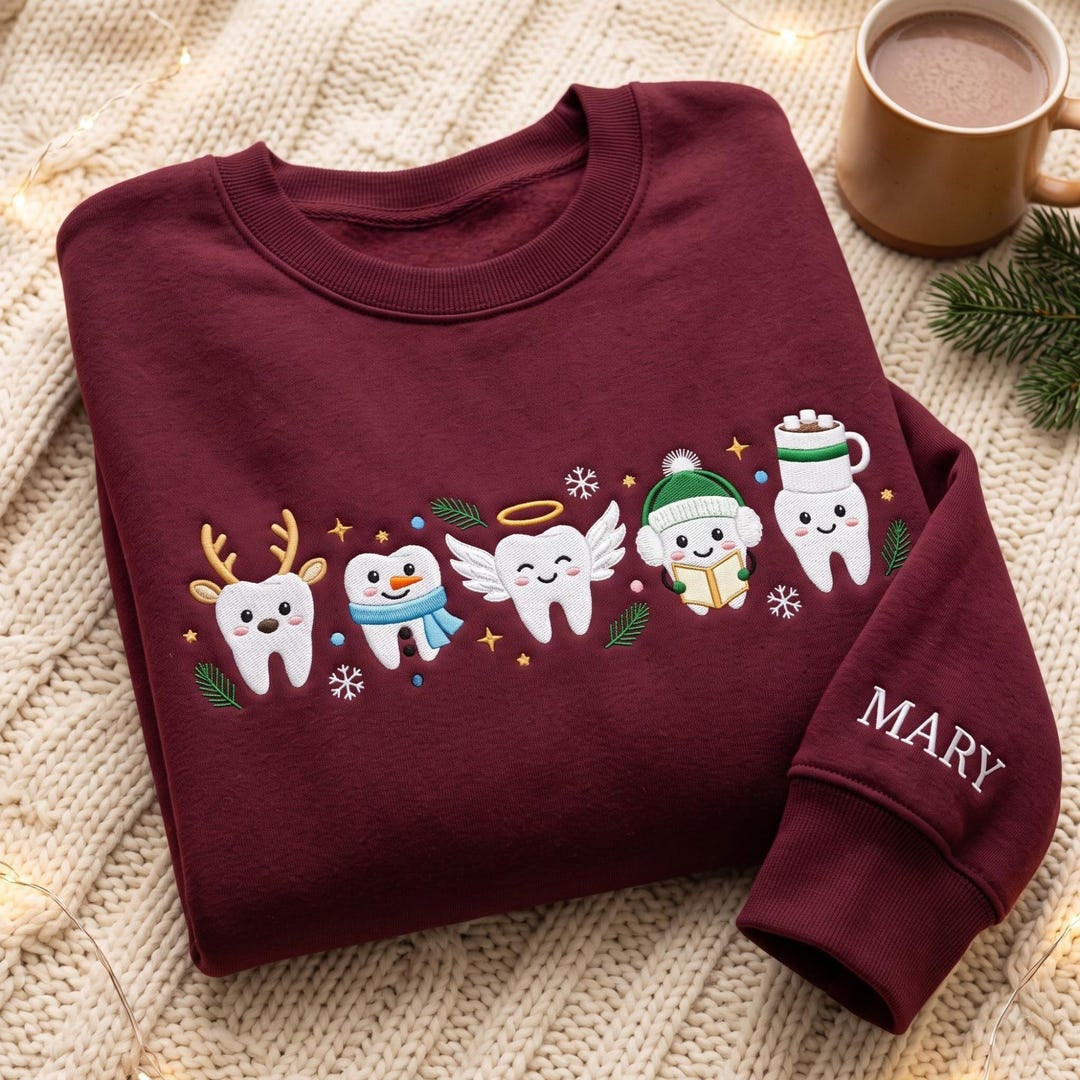 Personalized Christmas Cute Tooth Reindeer Angel Snowman Caroler Dental Hygienist Custom Name embroidered sweatshirt — front view