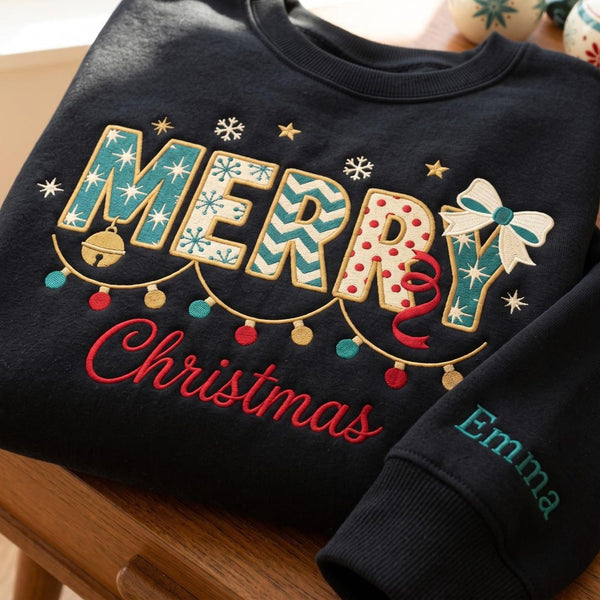 Personalized Merry Christmas Retro Jingle Bell Lights Bow Custom Name embroidered sweatshirt — front view