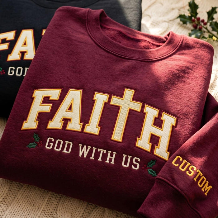 Personalized Faith Cross God with US Holly Christmas Embroidered Sweatshirt
