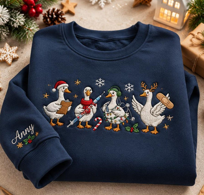 Personalized Christmas Nurse Goose Santa Hat Reindeer Syringe Band-Aid Holiday Embroidered Sweatshirt