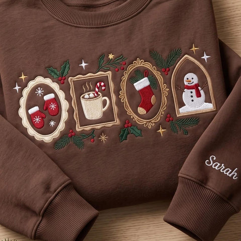 Personalized Christmas Vintage Frames Mittens Hot Cocoa Stocking Snowman Sleeve Name embroidered sweatshirt — front view