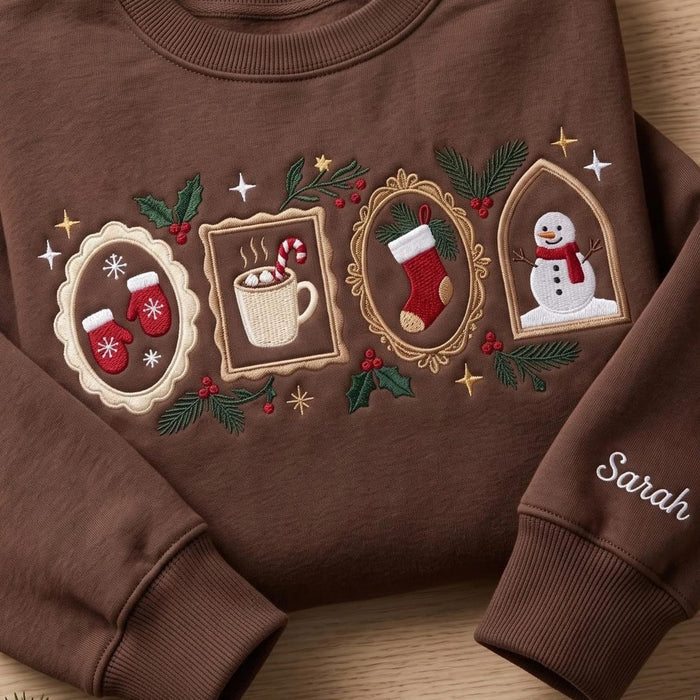 Personalized Christmas Vintage Frames Mittens Hot Cocoa Stocking Snowman Sleeve Name Embroidered Sweatshirt