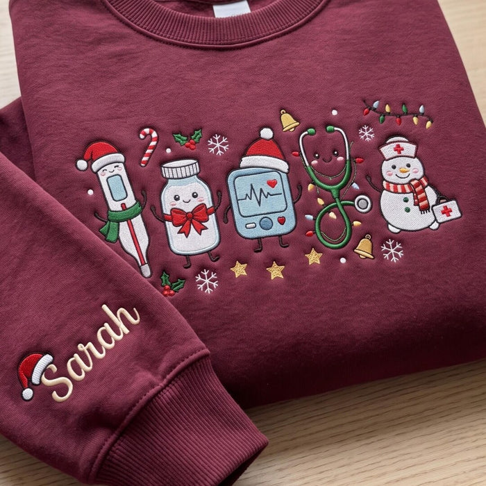 Personalized Christmas Nurse Medical Tools Snowman Stethoscope Santa Hat Custom Name Sleeve Embroidered Sweatshirt