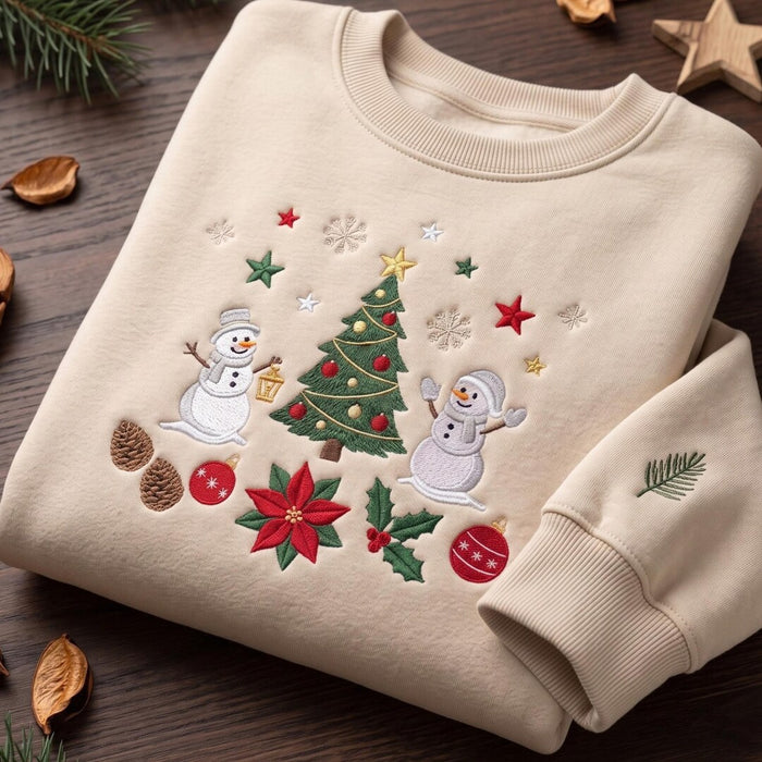 Personalized Christmas Snowman Poinsettia Pine Cone Holly Tree Custom Name Embroidered Sweatshirt