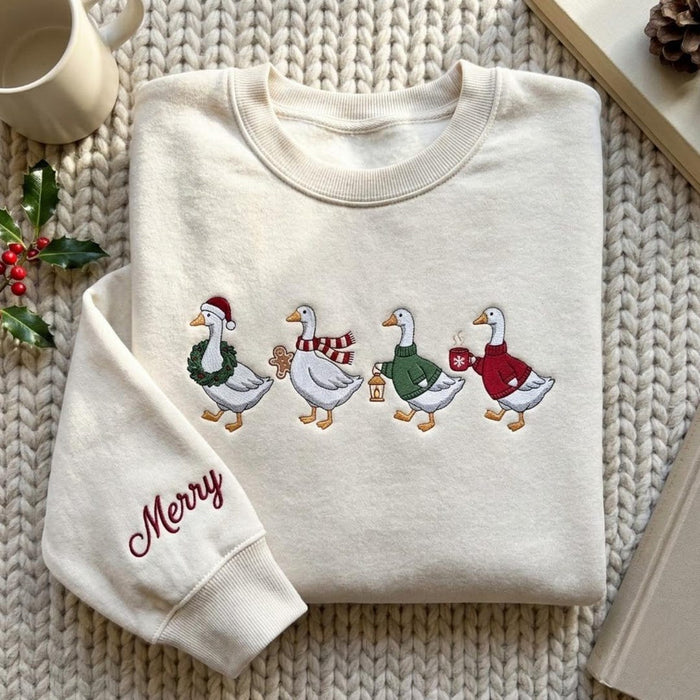 Personalized Christmas Geese Santa Hat Wreath Scarf Lantern Sweater Sleeve Name Embroidered Sweatshirt