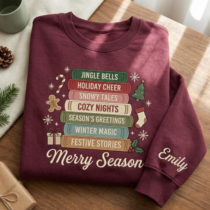 Personalized Christmas Book Stack Holiday Cheer Merry Season Custom Name Embroidered Sweatshirt