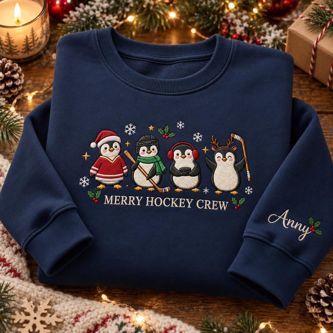 Personalized Christmas Hockey Penguins Merry Hockey Crew embroidered sweatshirt — front view
