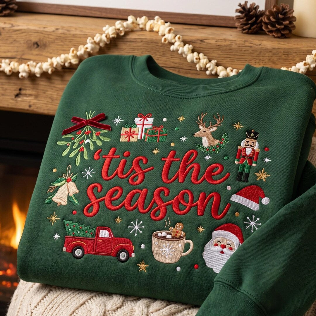 Tis the Season Santa Nutcracker Reindeer Red Truck Christmas Custom Name embroidered sweatshirt — front view