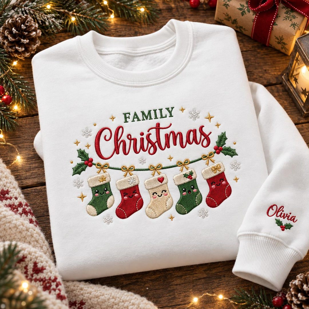 Personalized Family Christmas Stockings Hanging Holly Bows Custom Name Sleeve embroidered sweatshirt — front view