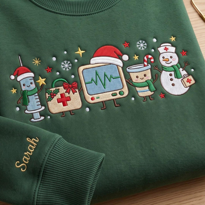 Personalized Christmas Nurse Syringe Ekg Monitor Snowman Santa Hat Custom Name Sleeve Embroidered Sweatshirt