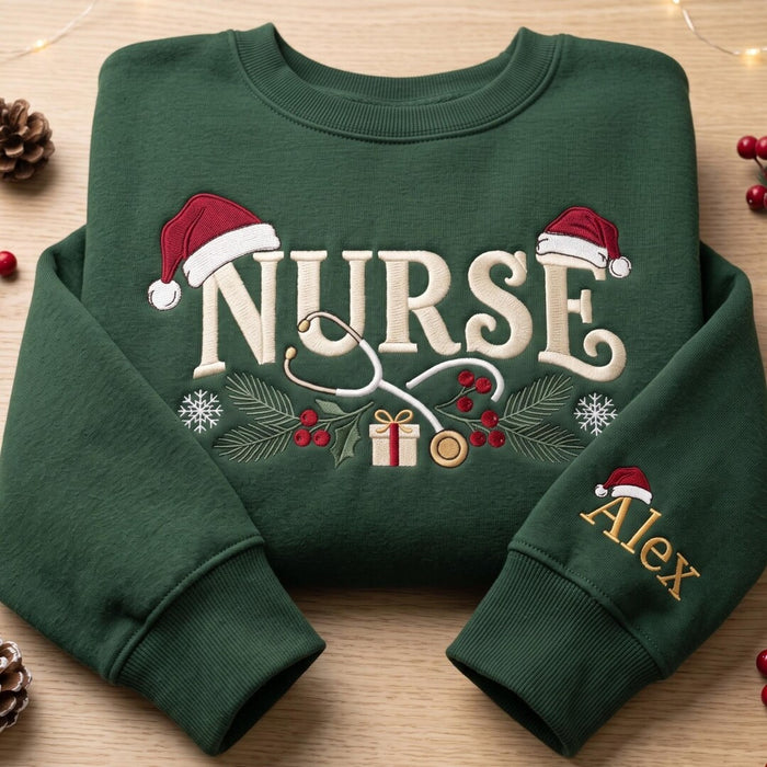 Personalized Christmas Nurse Santa Hat Holly Berry Stethoscope Gift Custom Name Sleeve Embroidered Sweatshirt