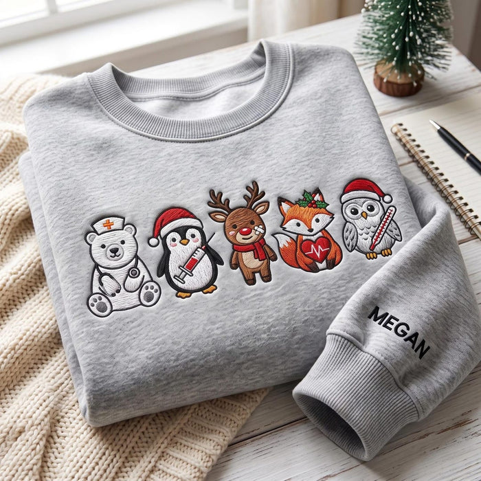 Personalized Christmas Nurse Animals Polar Bear Penguin Reindeer Fox Owl Embroidered Sweatshirt