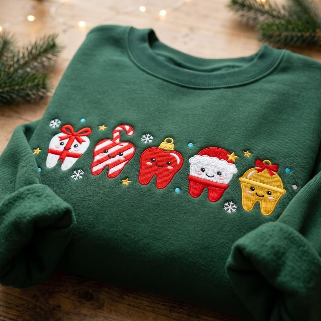 Christmas Cute Kawaii Tooth Candy Cane Santa Hat Ornament Gingerbread Dental embroidered sweatshirt — front view