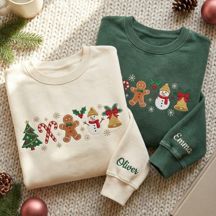 Personalized Christmas Gingerbread Snowman Candy Cane Bell Holly Sleeve Name Embroidered Sweatshirt