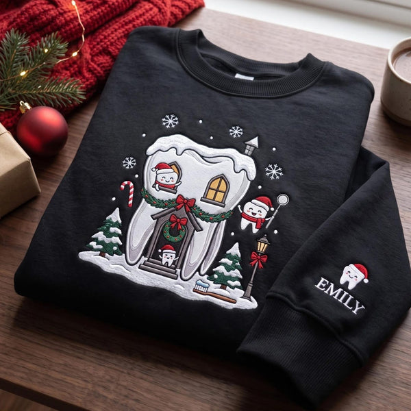 Personalized Christmas Tooth Cottage Dental Snowflake Santa Custom Name Sleeve embroidered sweatshirt — front view