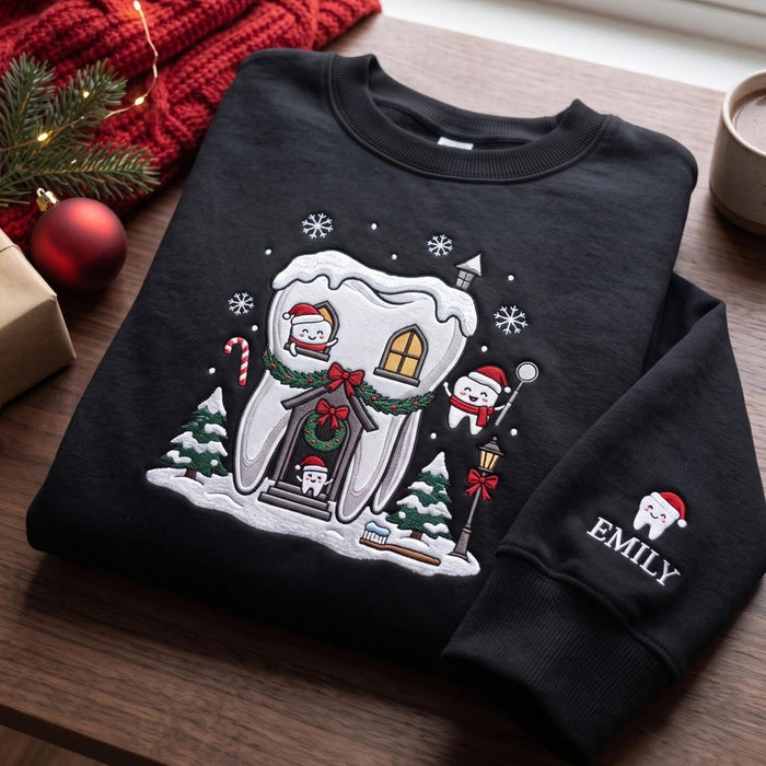 Personalized Christmas Tooth Cottage Dental Snowflake Santa Custom Name Sleeve Embroidered Sweatshirt