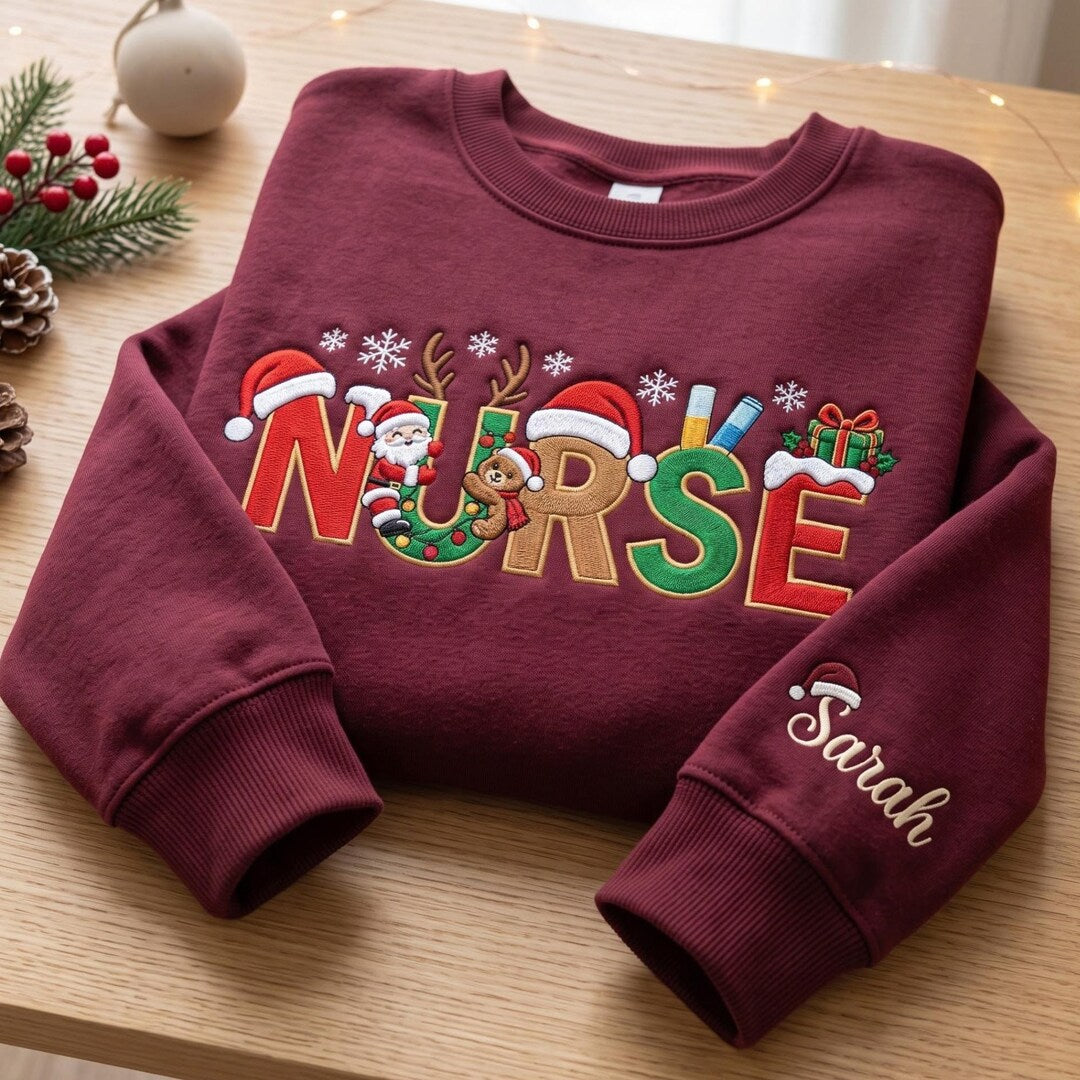 Personalized Christmas Nurse Santa Reindeer Bear Holiday Custom Name Sleeve embroidered sweatshirt — front view
