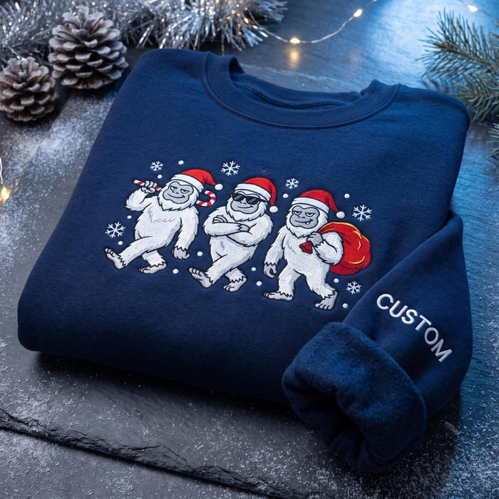 Personalized Christmas Three Yeti Abominable Snowman Santa Hat Snowflakes Custom Name Sleeve Embroidered Sweatshirt