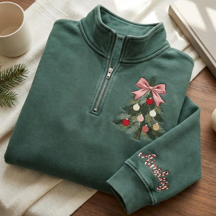 Personalized Christmas Tree Pink Bow Candy Cane Name Sleeve embroidered sweatshirt — front view