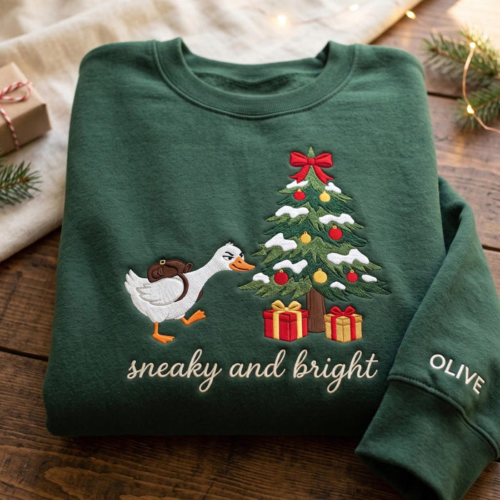 Personalized Sneaky Goose Christmas Tree Gifts Funny Embroidered Sweatshirt