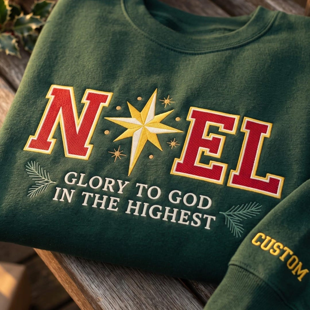Personalized Noel Glory to God in the Highest Varsity Star Christmas embroidered sweatshirt — front view