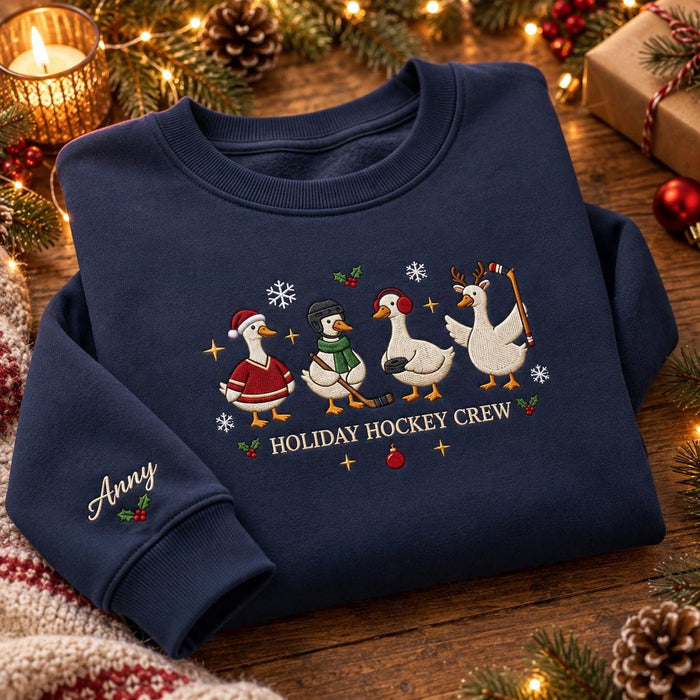 Personalized Christmas Holiday Hockey Crew Geese Santa Reindeer Embroidered Sweatshirt