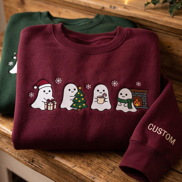 Personalized Christmas Ghost Quartet Santa Hat Tree Cocoa Fireplace Custom Name embroidered sweatshirt — front view