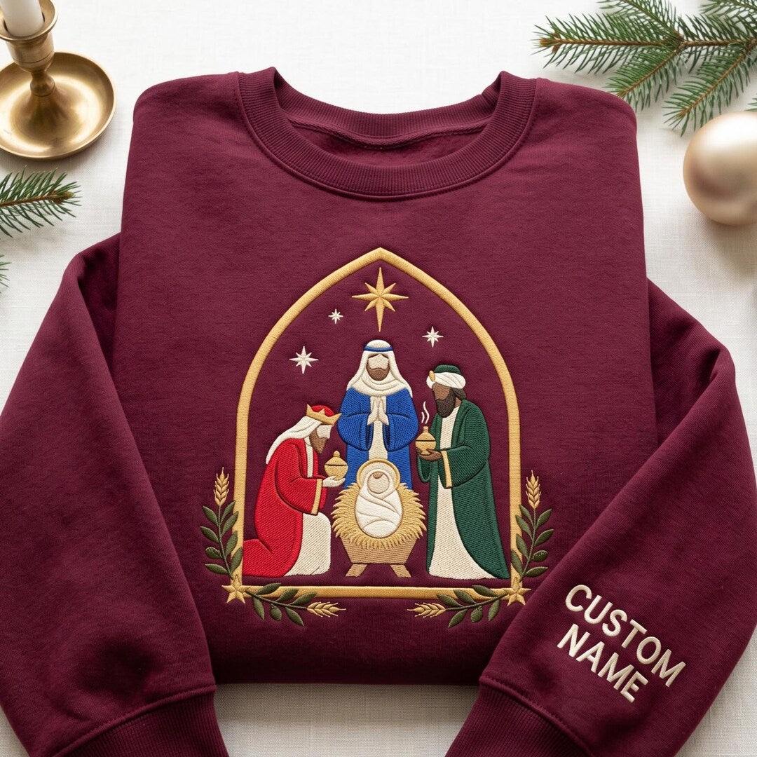 Personalized Nativity Scene Three Wise Men Baby Jesus Manger Star Christmas Custom Name embroidered sweatshirt — front view