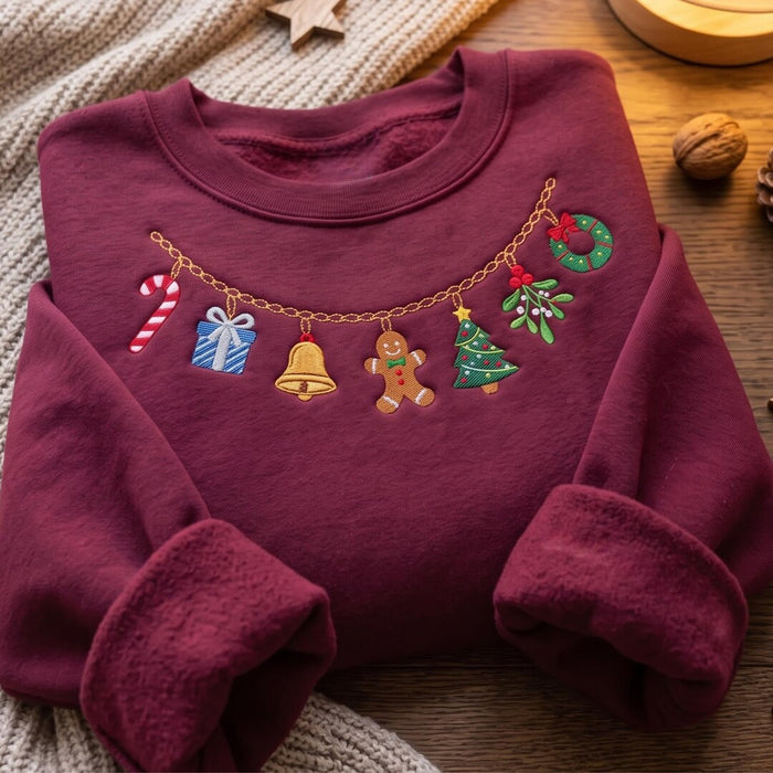 Christmas Charm Necklace Garland Gingerbread Bell Candy Cane Wreath Embroidered Sweatshirt