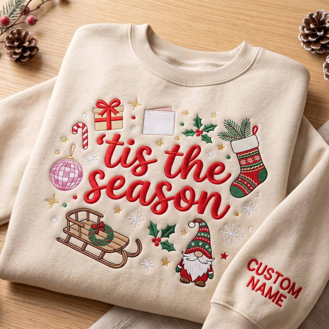 Personalized Tis the Season Christmas Gnome Sled Stocking Candy Cane Custom Name Sleeve embroidered sweatshirt — front view